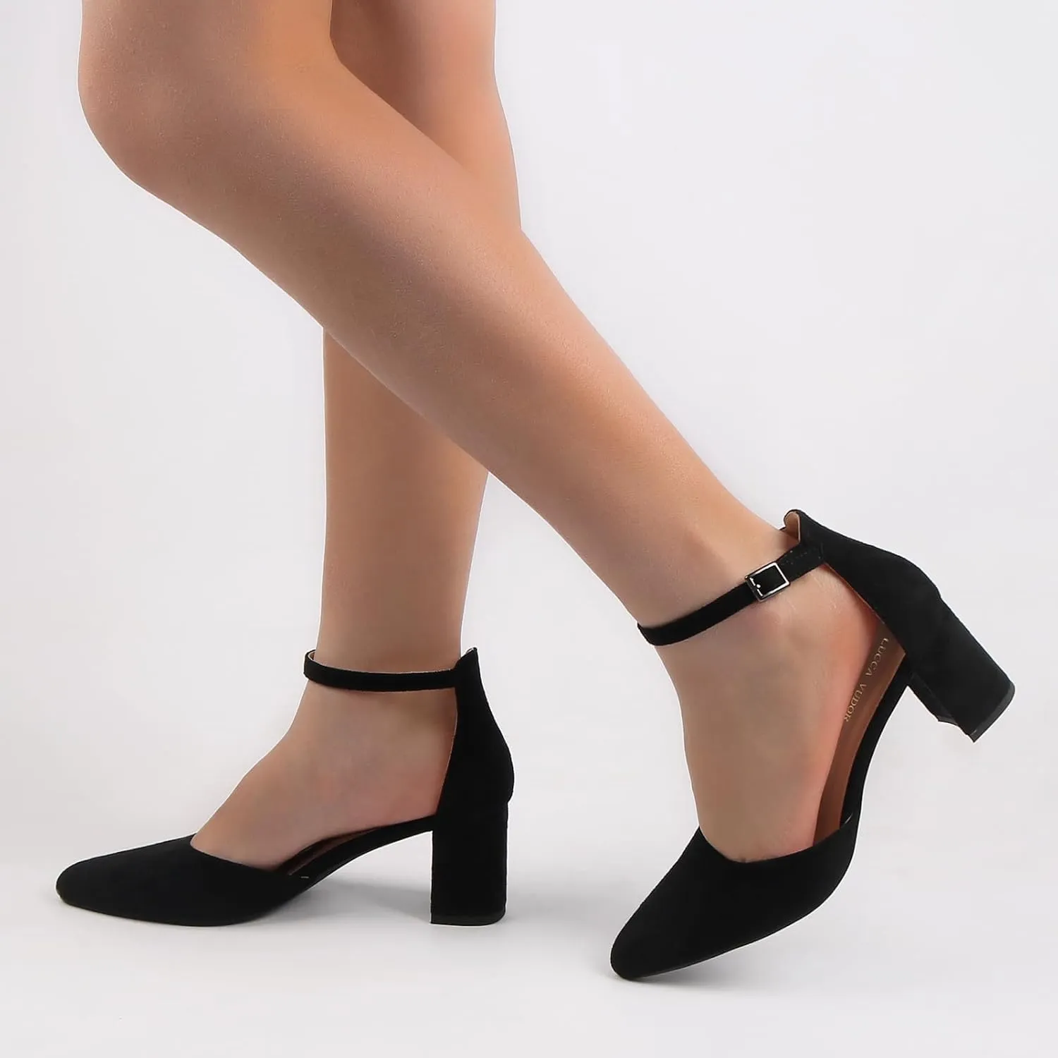 Women's Closed Toe Heels Pointed Low Heeled Chunky Shoes Nude Strap Dress Wedding High Heels
