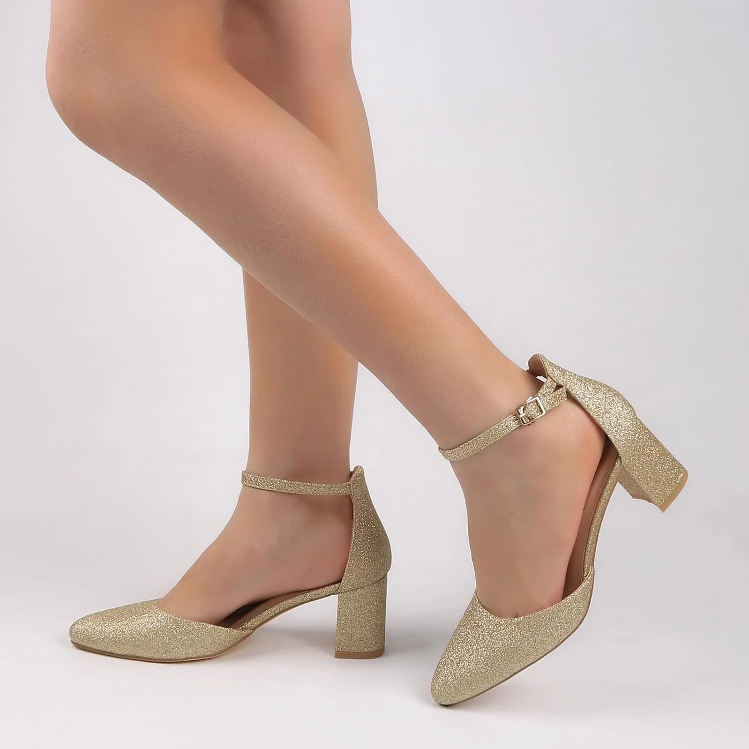 Women's Closed Toe Heels Pointed Low Heeled Chunky Shoes Nude Strap Dress Wedding High Heels