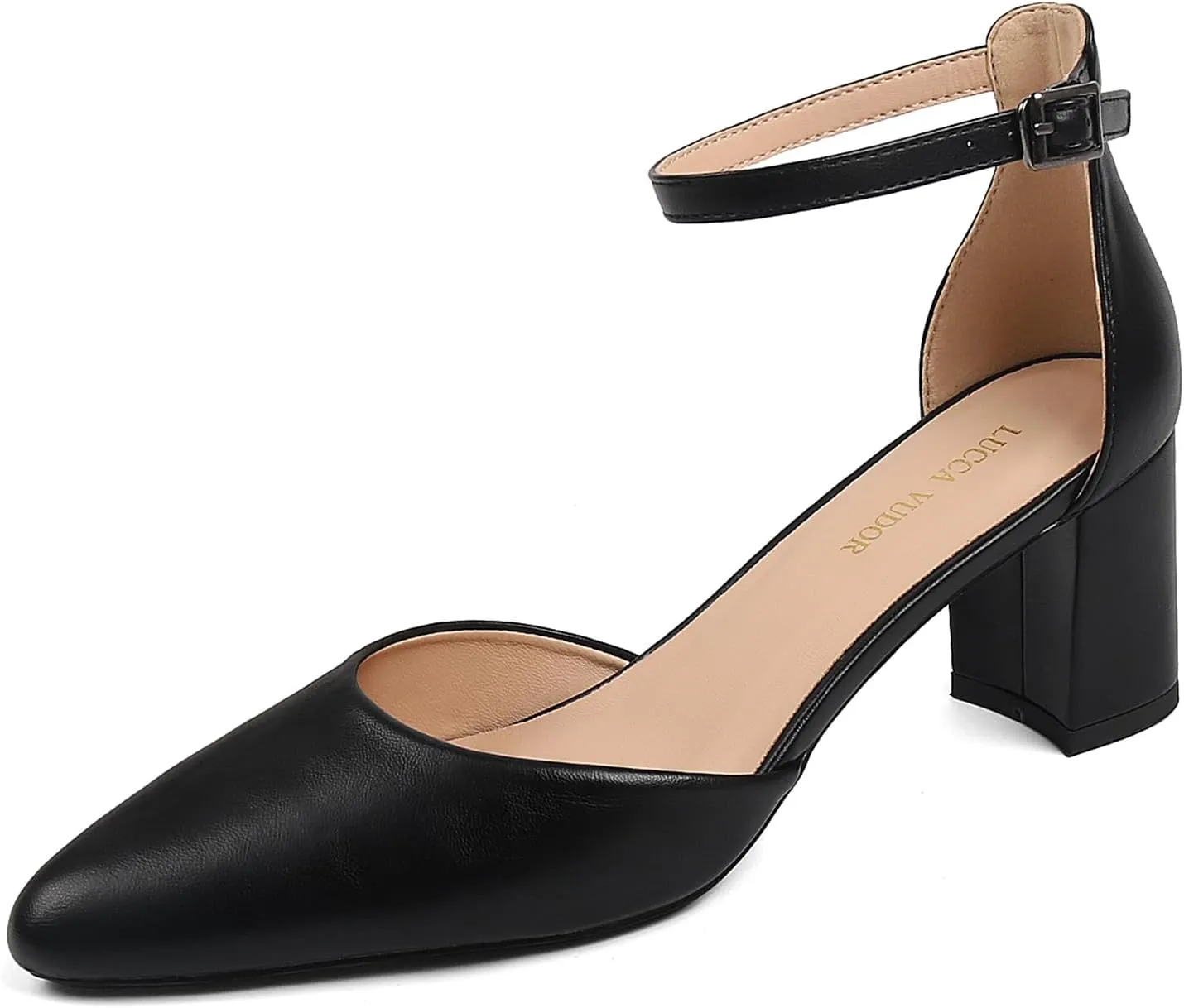 Women's Closed Toe Heels Pointed Low Heeled Chunky Shoes Nude Strap Dress Wedding High Heels