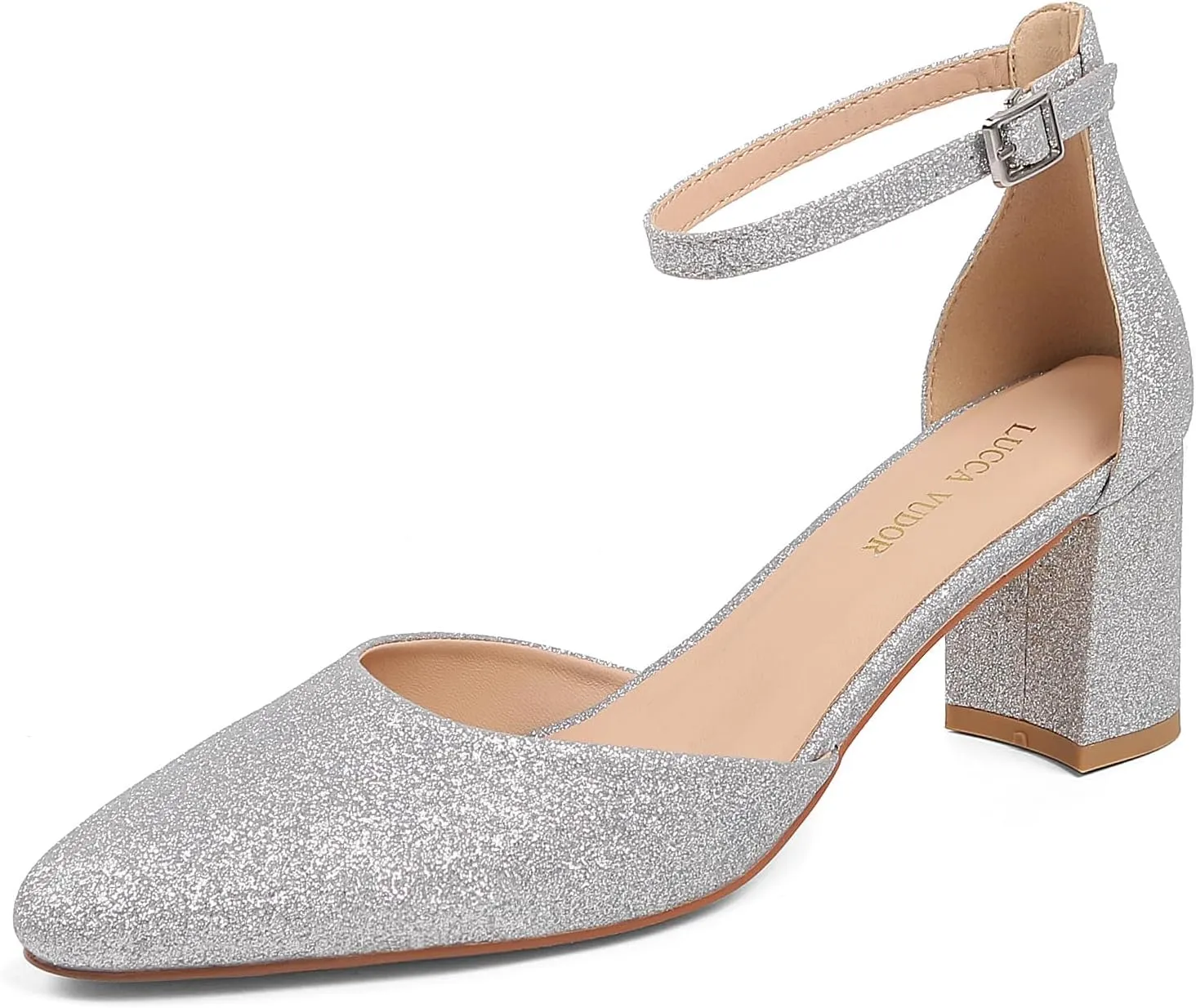 Women's Closed Toe Heels Pointed Low Heeled Chunky Shoes Nude Strap Dress Wedding High Heels