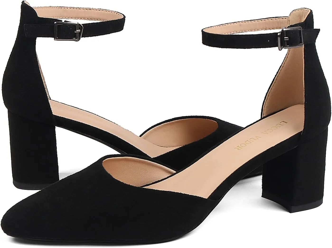 Women's Closed Toe Heels Pointed Low Heeled Chunky Shoes Nude Strap Dress Wedding High Heels