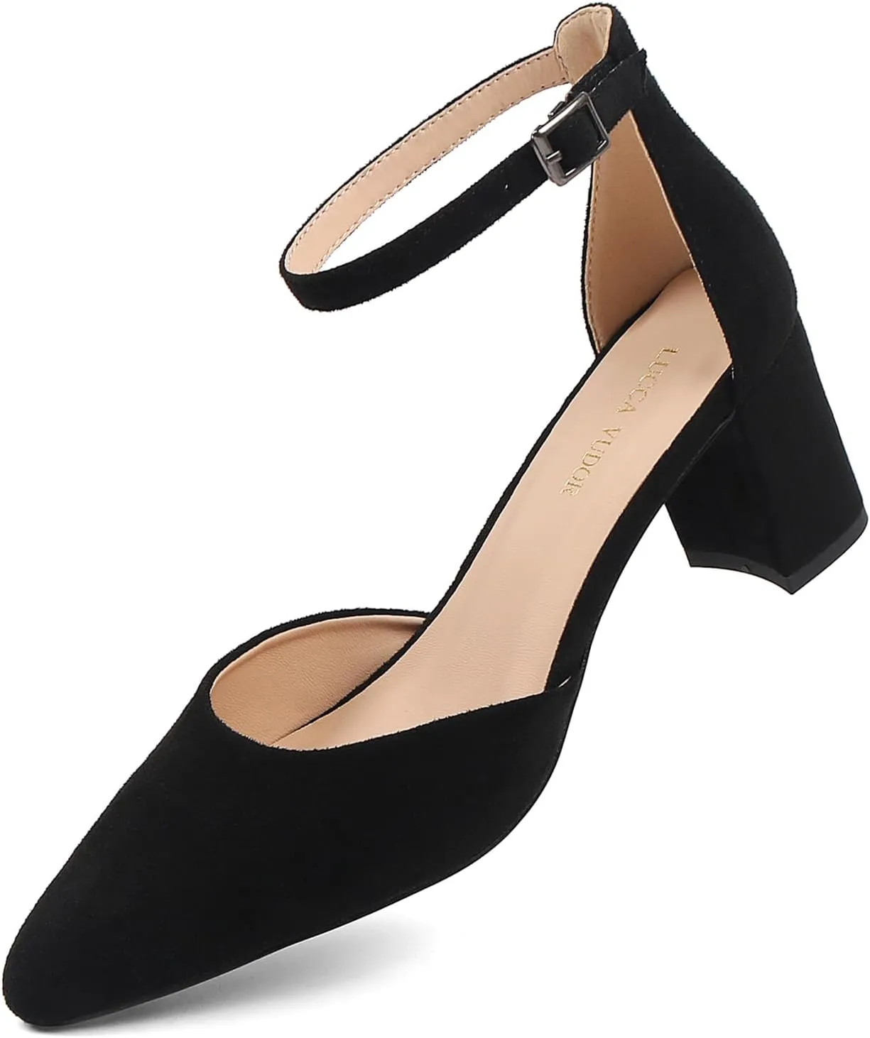 Women's Closed Toe Heels Pointed Low Heeled Chunky Shoes Nude Strap Dress Wedding High Heels