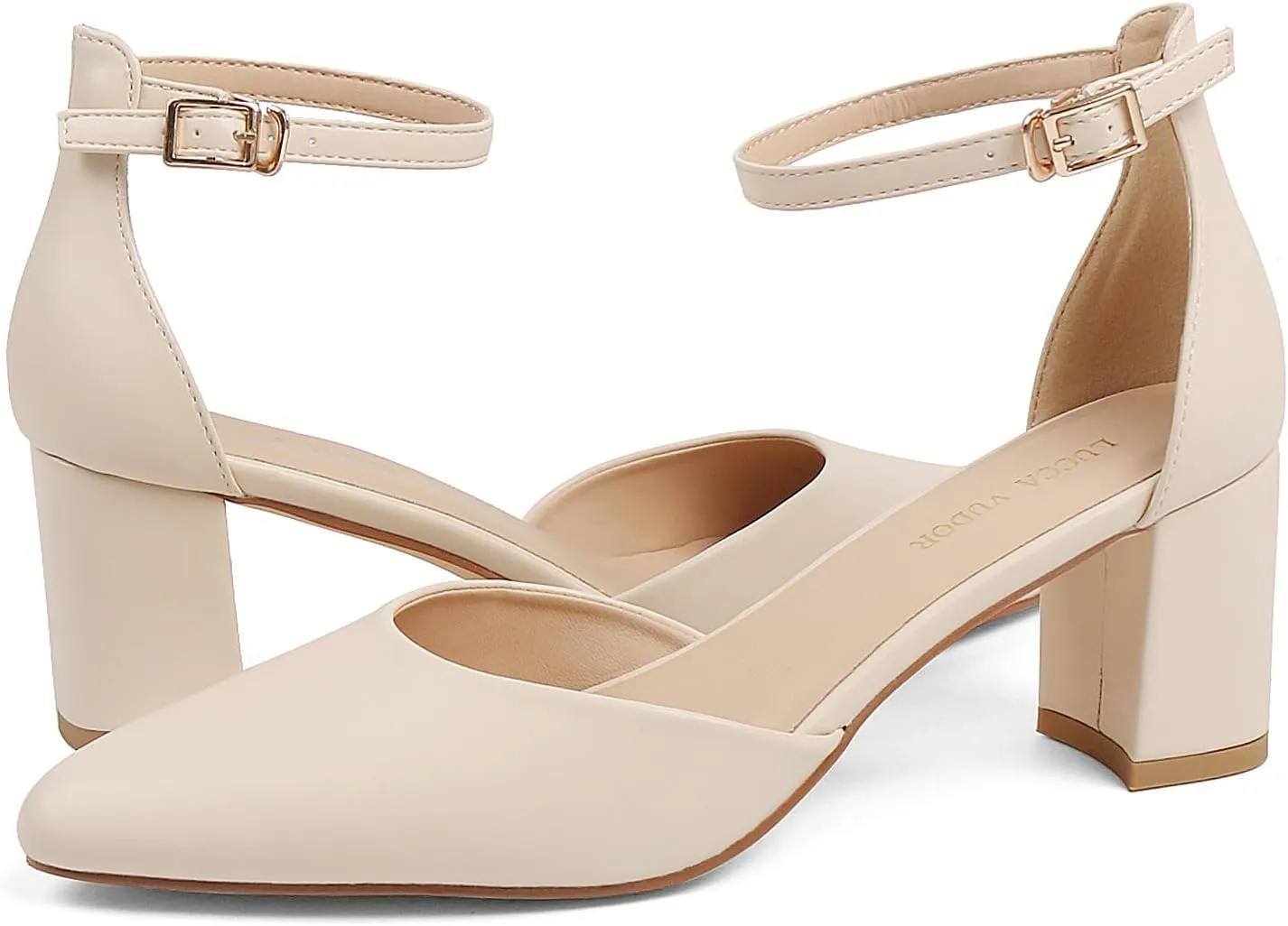 Women's Closed Toe Heels Pointed Low Heeled Chunky Shoes Nude Strap Dress Wedding High Heels