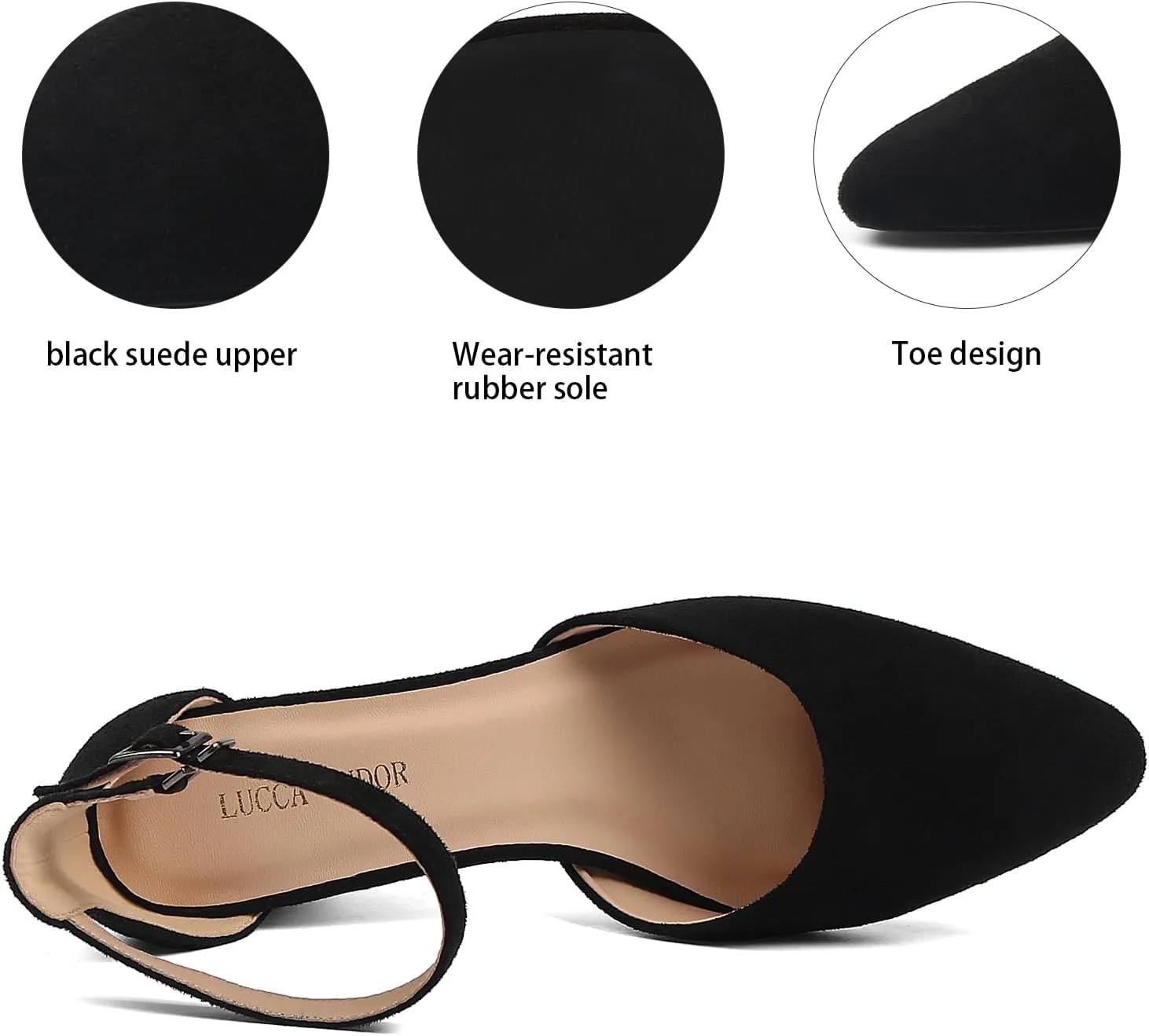 Women's Closed Toe Heels Pointed Low Heeled Chunky Shoes Nude Strap Dress Wedding High Heels