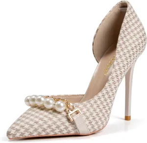 Women's Elegant Pearl Closed Toe Stiletto Heels, Bridal Dressy Pointed Toe Pumps Shoes with Cute Metal Chain & Plaid Cloth, Wedding Party Prom High Heels for Women