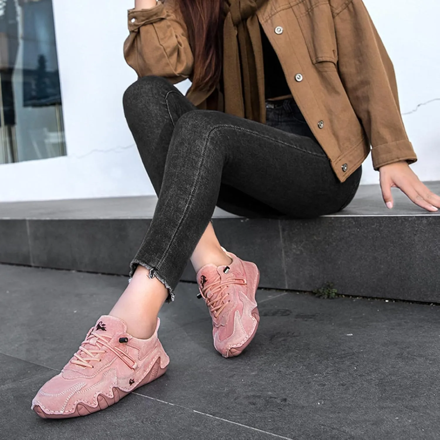 Women's Waterproof Suede Casual Walking Shoes for Hiking Camping & Driving All Season Fashion Retro Elastic Lace Up Hand Stitched Outdoor Sports Sneakers