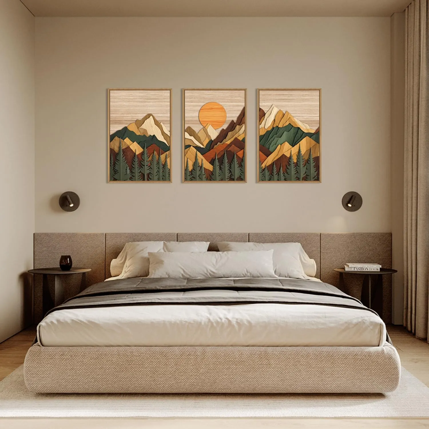 Wooden Mountain Framed Canvas Wall Art Set, Large Brown Ridge Wall Decor, Boho Pine Tree Wall Painting, Abstract Mountain Art Print for Living Room, Bedroom, Office - 16"X24"X3