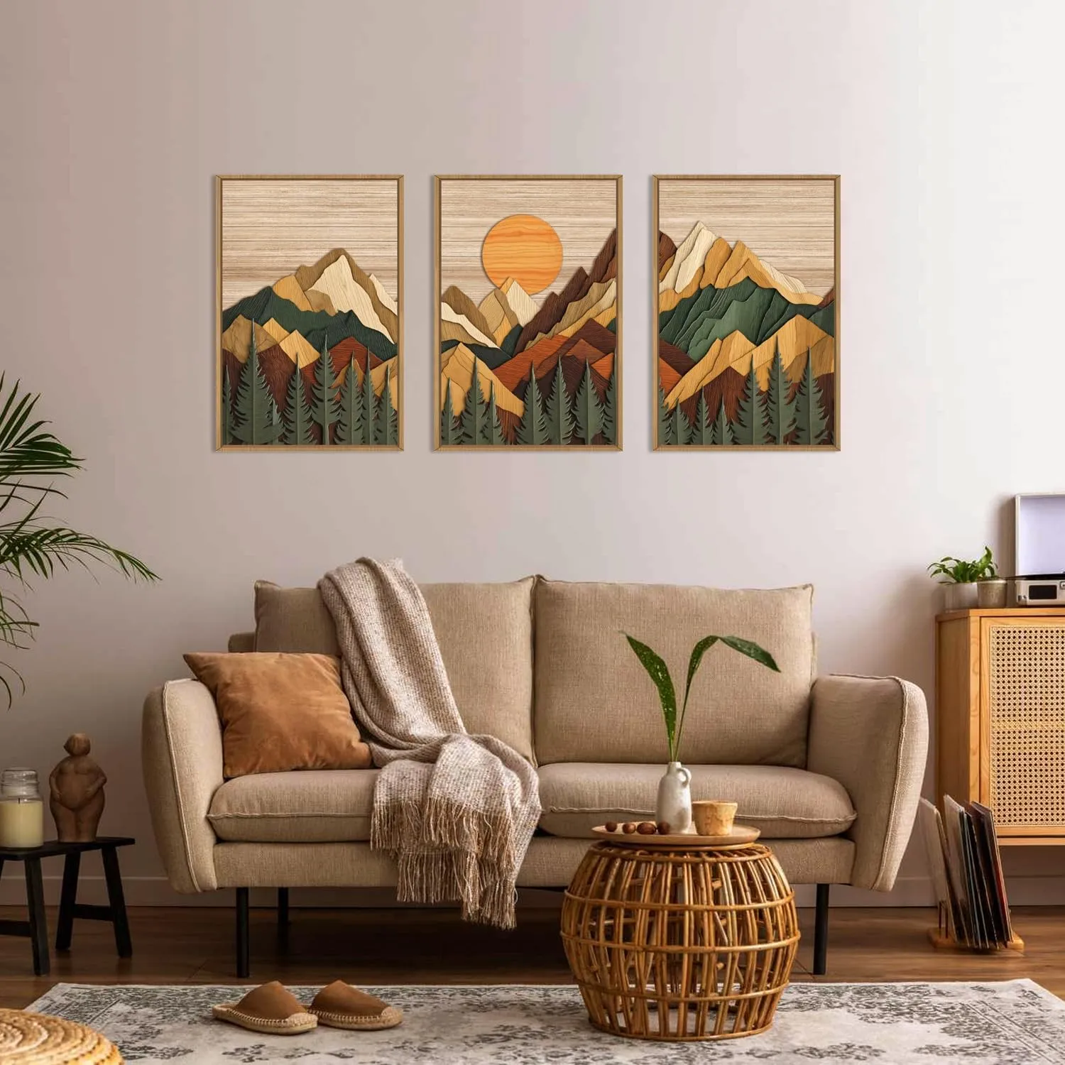 Wooden Mountain Framed Canvas Wall Art Set, Large Brown Ridge Wall Decor, Boho Pine Tree Wall Painting, Abstract Mountain Art Print for Living Room, Bedroom, Office - 16"X24"X3