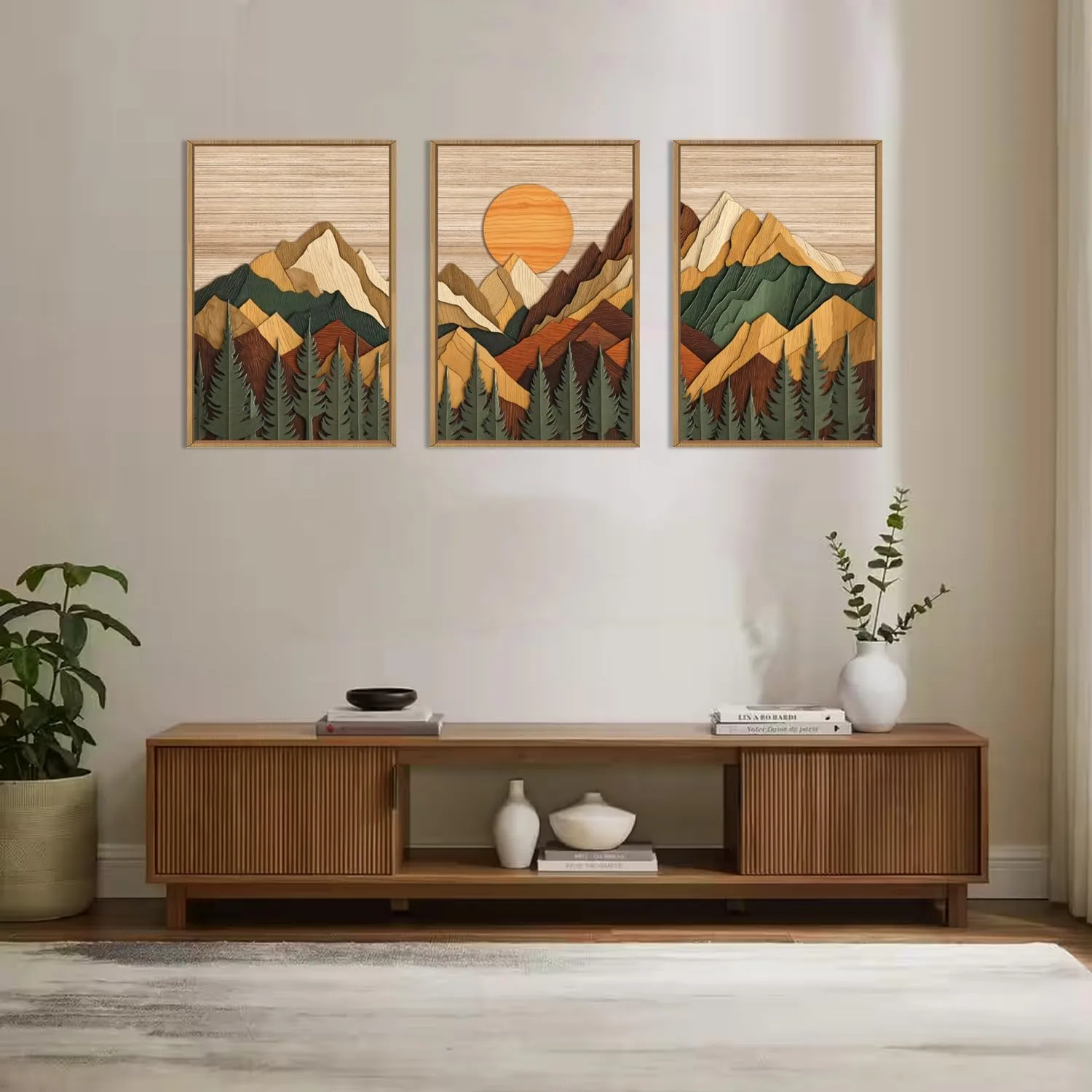 Wooden Mountain Framed Canvas Wall Art Set, Large Brown Ridge Wall Decor, Boho Pine Tree Wall Painting, Abstract Mountain Art Print for Living Room, Bedroom, Office - 16"X24"X3