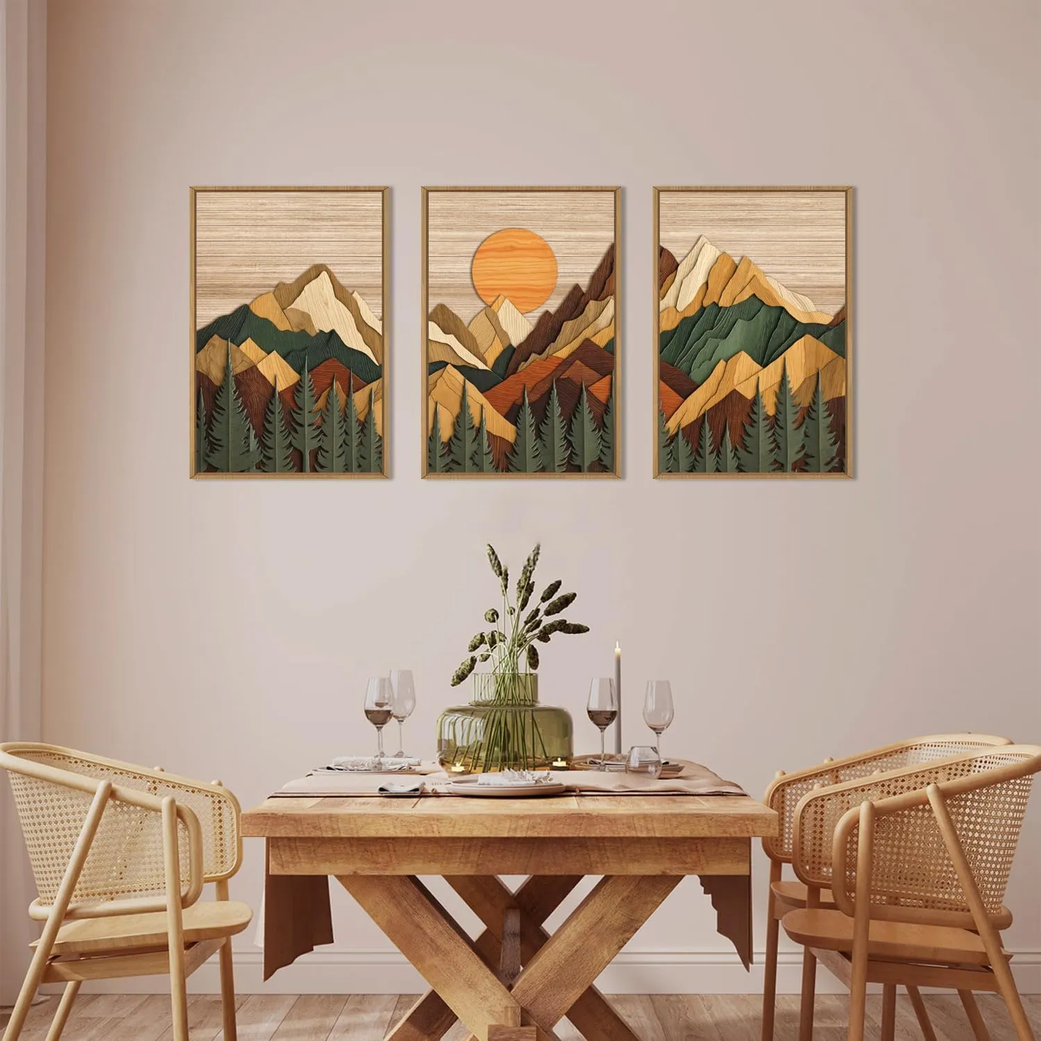 Wooden Mountain Framed Canvas Wall Art Set, Large Brown Ridge Wall Decor, Boho Pine Tree Wall Painting, Abstract Mountain Art Print for Living Room, Bedroom, Office - 16"X24"X3