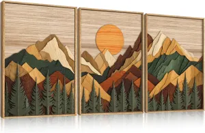 Wooden Mountain Framed Canvas Wall Art Set, Large Brown Ridge Wall Decor, Boho Pine Tree Wall Painting, Abstract Mountain Art Print for Living Room, Bedroom, Office - 16"X24"X3