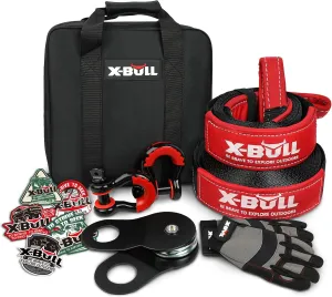 X-BULL Off-Road 4×4 Recovery Kit - Heavy Duty 3'' x 30' (31518LBS) 100% Nylon Tow Strap 41887lbs Break Strength D-Ring Shackles (2pcs) Block Pulley Gear Storage Bag  Gloves for ATV/UTV Jeep Truck