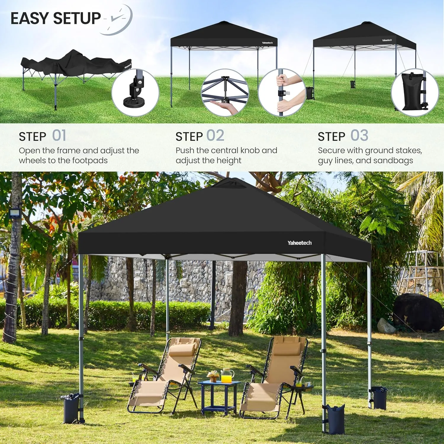Yaheetech 10x10 Pop-up Canopy Tent w/ 2 Integrated Wheels for Mobility, Waterpoof & Heavy Duty, Instant Sun Shelter with Carry Bag, Weight Bags for Outdoor Camping Beach Patio Parties, Black