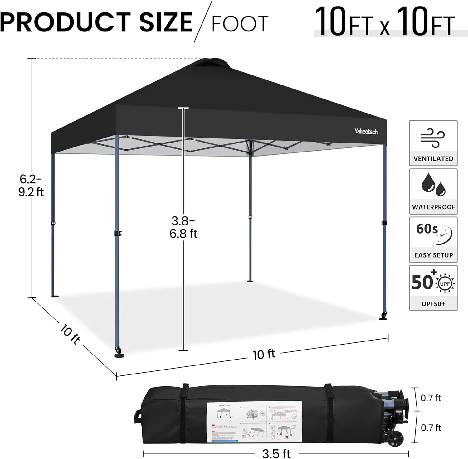 Yaheetech 10x10 Pop-up Canopy Tent w/ 2 Integrated Wheels for Mobility, Waterpoof & Heavy Duty, Instant Sun Shelter with Carry Bag, Weight Bags for Outdoor Camping Beach Patio Parties, Black