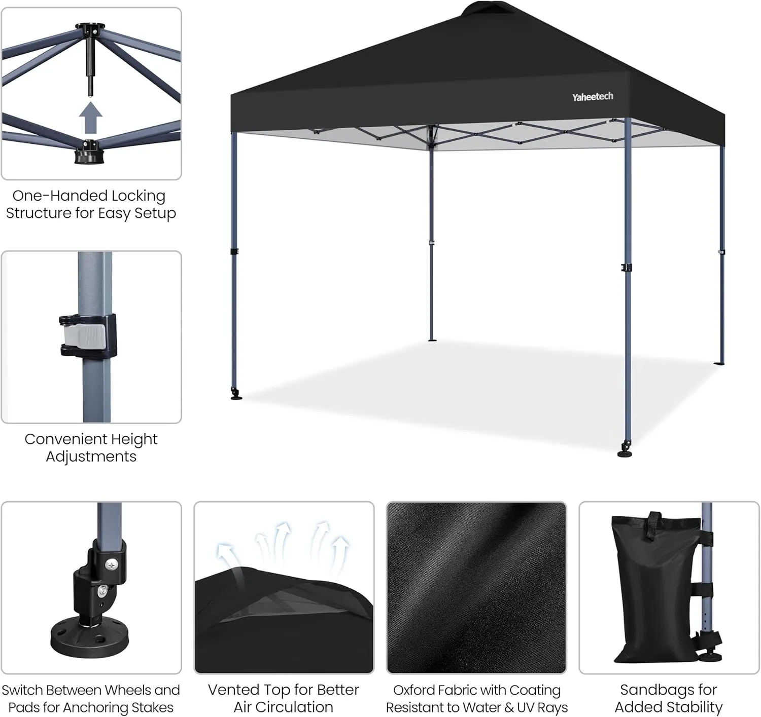 Yaheetech 10x10 Pop-up Canopy Tent w/ 2 Integrated Wheels for Mobility, Waterpoof & Heavy Duty, Instant Sun Shelter with Carry Bag, Weight Bags for Outdoor Camping Beach Patio Parties, Black