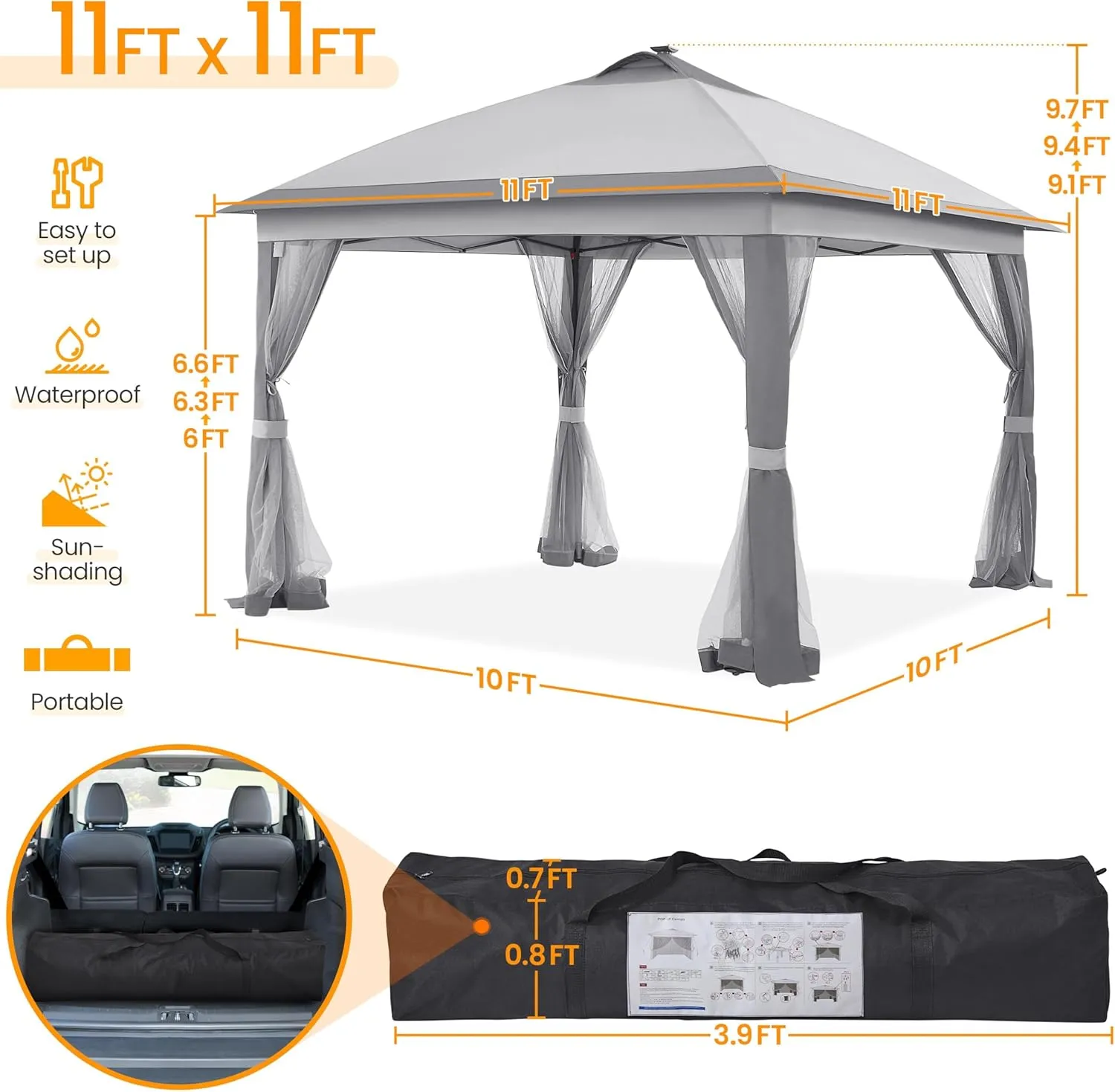 Yaheetech 11'x11' Pop Up Gazebo Instant Tent with 17 Solar LED Lights & Zippered Mesh Netting, Outdoor Shelter Sun Shade Gazebo with Sandbags for Backyard Garden Patio, Light Gray & Dark Gray
