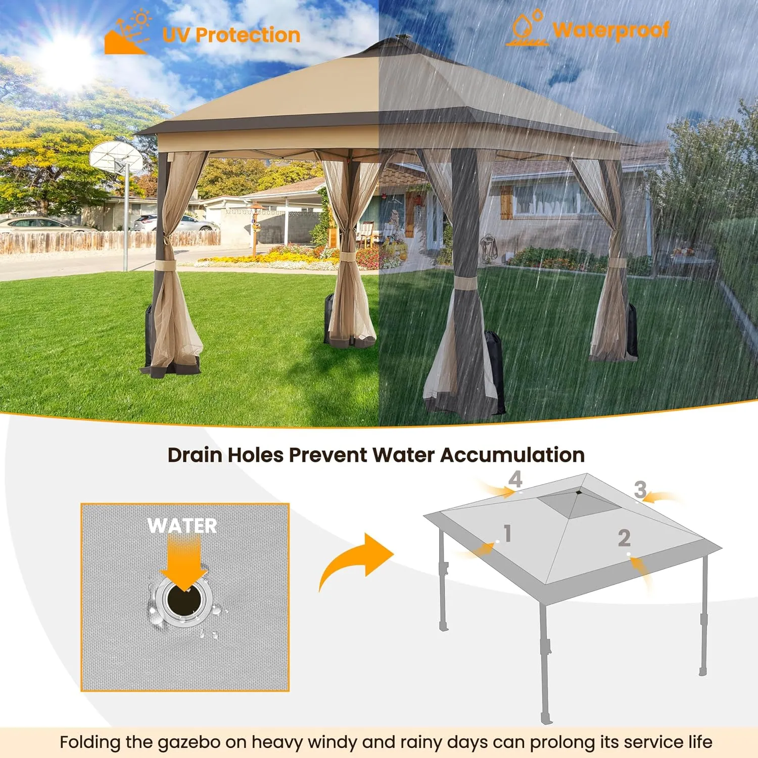 Yaheetech 11'x11' Pop Up Gazebo Instant Tent with 17 Solar LED Lights & Zippered Mesh Netting, Outdoor Shelter Sun Shade Gazebo with Sandbags for Backyard Garden Patio, Light Gray & Dark Gray