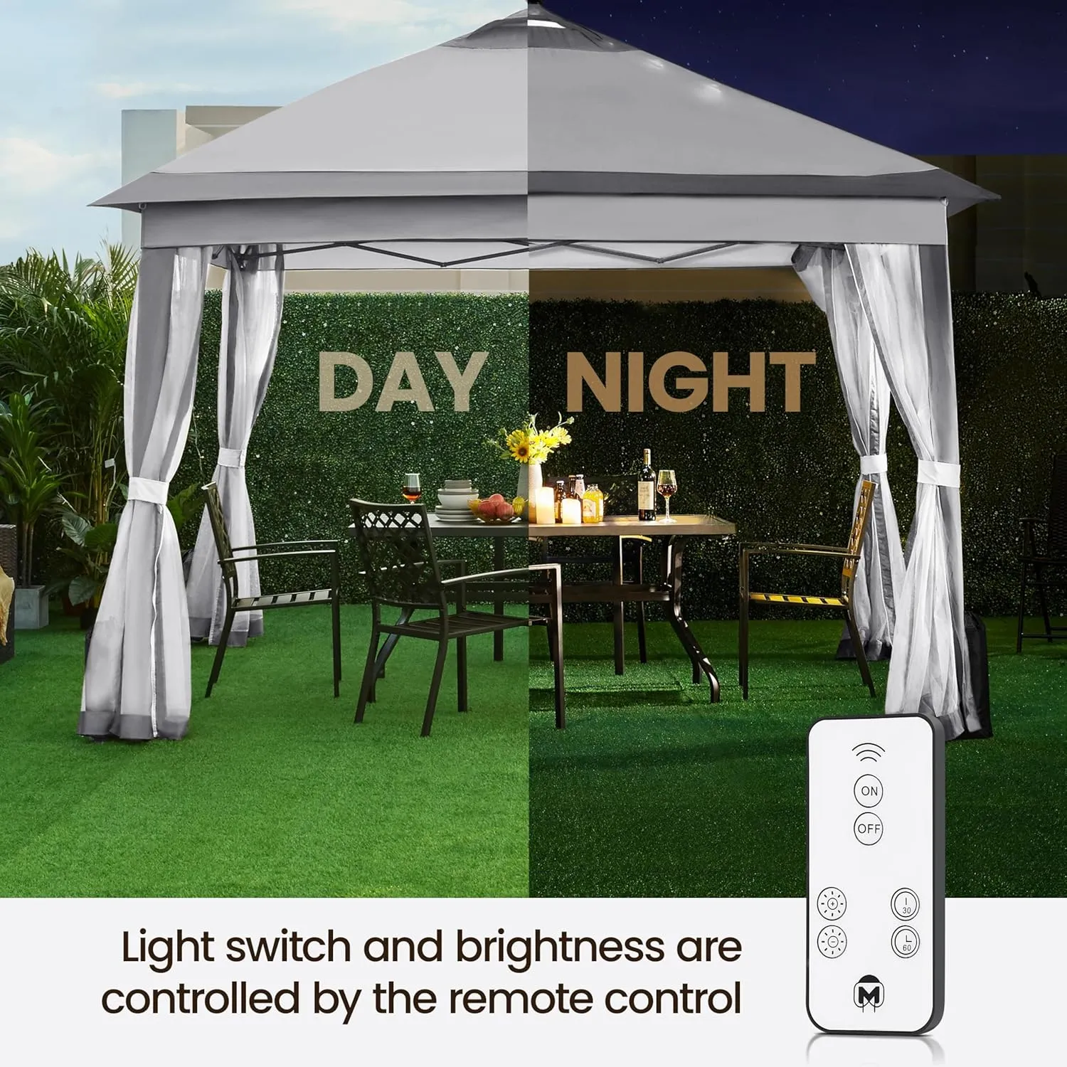 Yaheetech 11'x11' Pop Up Gazebo Instant Tent with 17 Solar LED Lights & Zippered Mesh Netting, Outdoor Shelter Sun Shade Gazebo with Sandbags for Backyard Garden Patio, Light Gray & Dark Gray