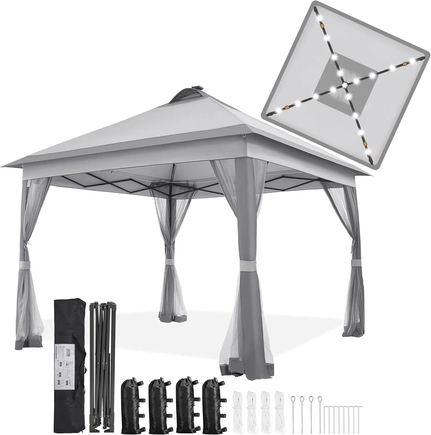 Yaheetech 11'x11' Pop Up Gazebo Instant Tent with 17 Solar LED Lights & Zippered Mesh Netting, Outdoor Shelter Sun Shade Gazebo with Sandbags for Backyard Garden Patio, Light Gray & Dark Gray