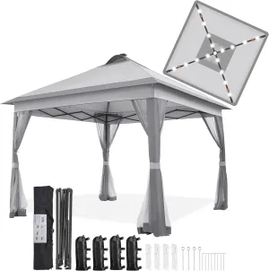 Yaheetech 11'x11' Pop Up Gazebo Instant Tent with 17 Solar LED Lights & Zippered Mesh Netting, Outdoor Shelter Sun Shade Gazebo with Sandbags for Backyard Garden Patio, Light Gray & Dark Gray