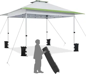 Yaheetech 13x13 Pop Up Canopy Tent, Straight Leg Easy Set-up Height-Adjustable Folding Shelter w/Extending Eaves Set W/Sandbags & Rolling Storage Bag & Ground Anchors & Guy Lines，Light Gray/Green