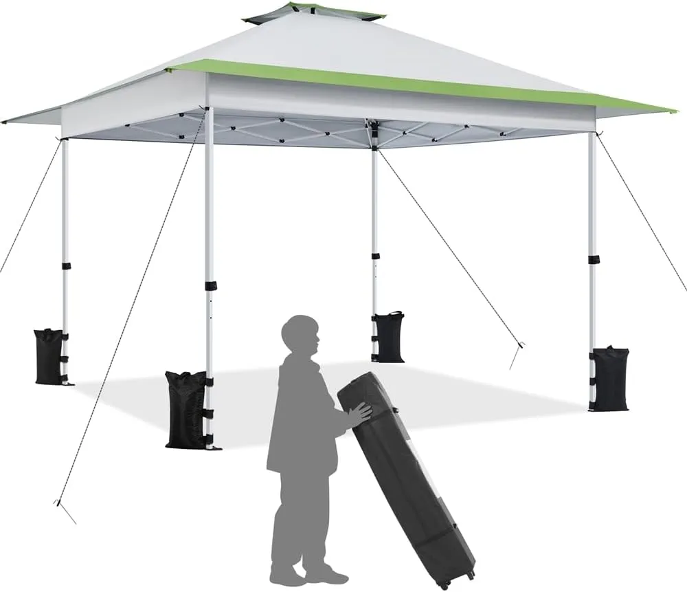 Yaheetech 13x13 Pop Up Canopy Tent, Straight Leg Easy Set-up Height-Adjustable Folding Shelter w/Extending Eaves Set W/Sandbags & Rolling Storage Bag & Ground Anchors & Guy Lines，Light Gray/Green