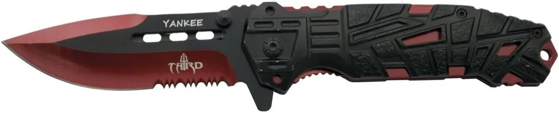 Yankee Folding Knife K2796RDS, Black Aluminium Handle with Holes, Stainless Steel Blade 10.5 cm Black with Anodized Cutting in red with Saw Blade. with Sheath. with Clip