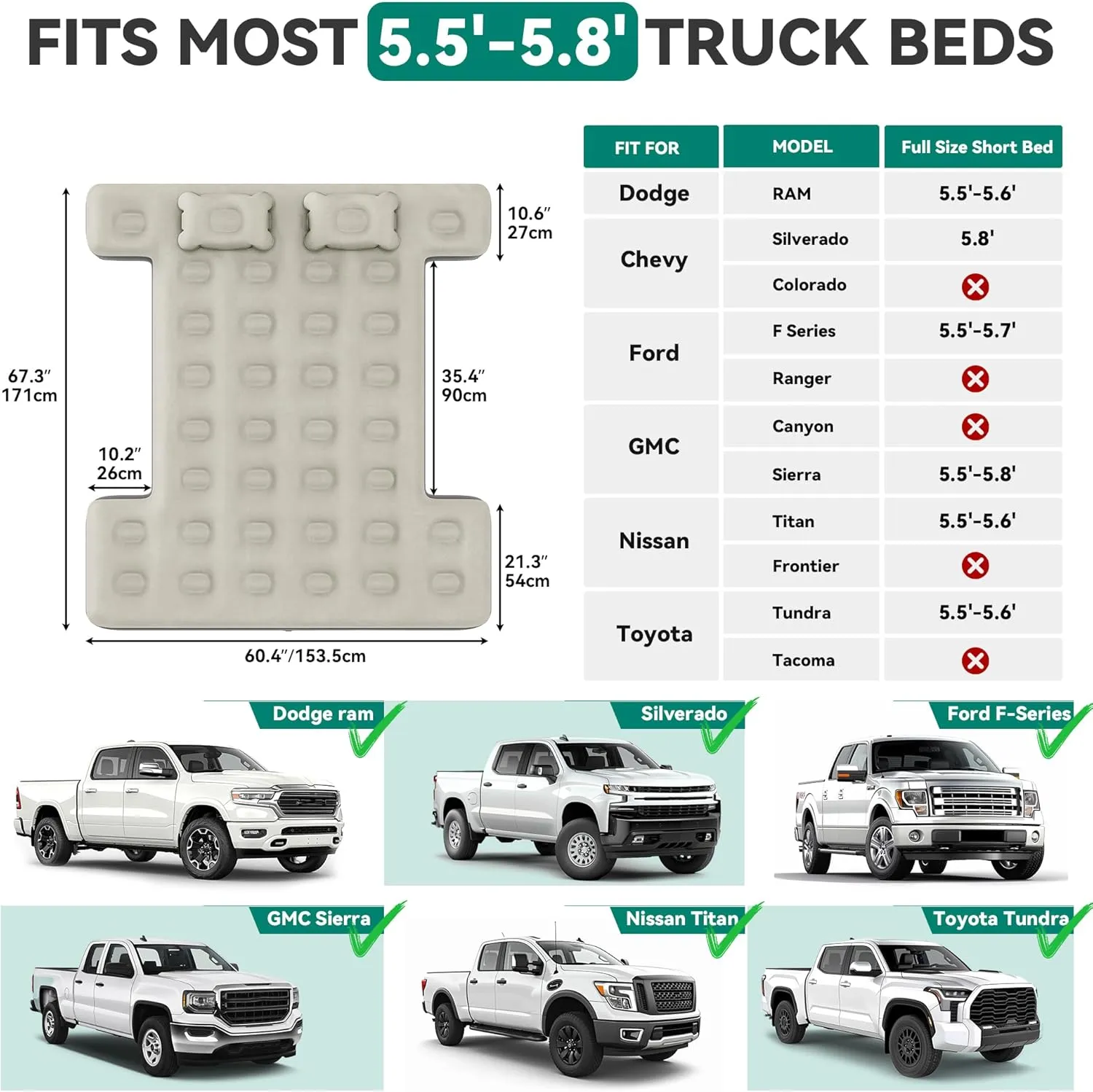 YITAHOME Truck Bed Air Mattress for 5.5-5.8 ft Full-Size Short Truck Beds, Inflatable Car Mattress Bed with Pump, Pillows, Carry Bag & Repair Kit for Outdoor, Travel, Camping (Black&Gray)