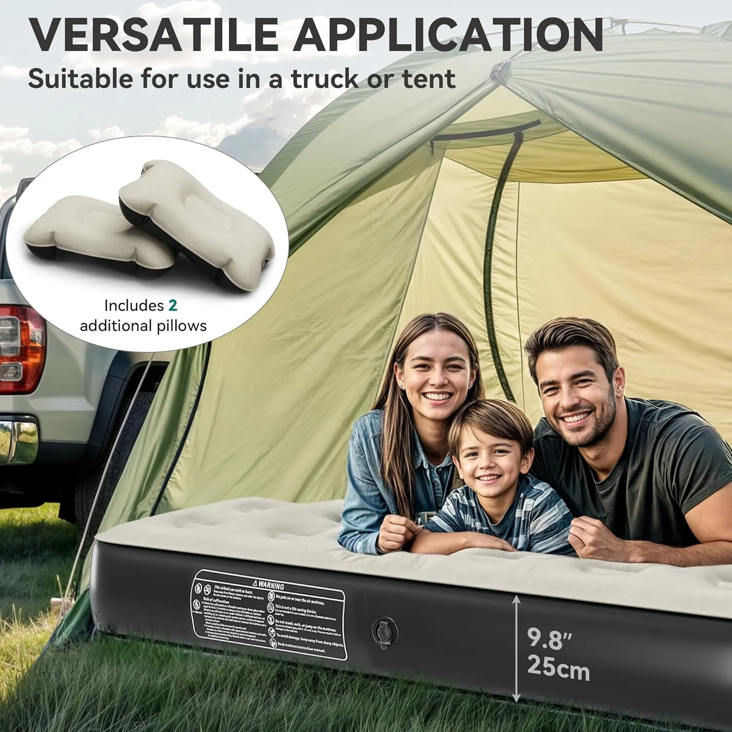 YITAHOME Truck Bed Air Mattress for 5.5-5.8 ft Full-Size Short Truck Beds, Inflatable Car Mattress Bed with Pump, Pillows, Carry Bag & Repair Kit for Outdoor, Travel, Camping (Black&Gray)