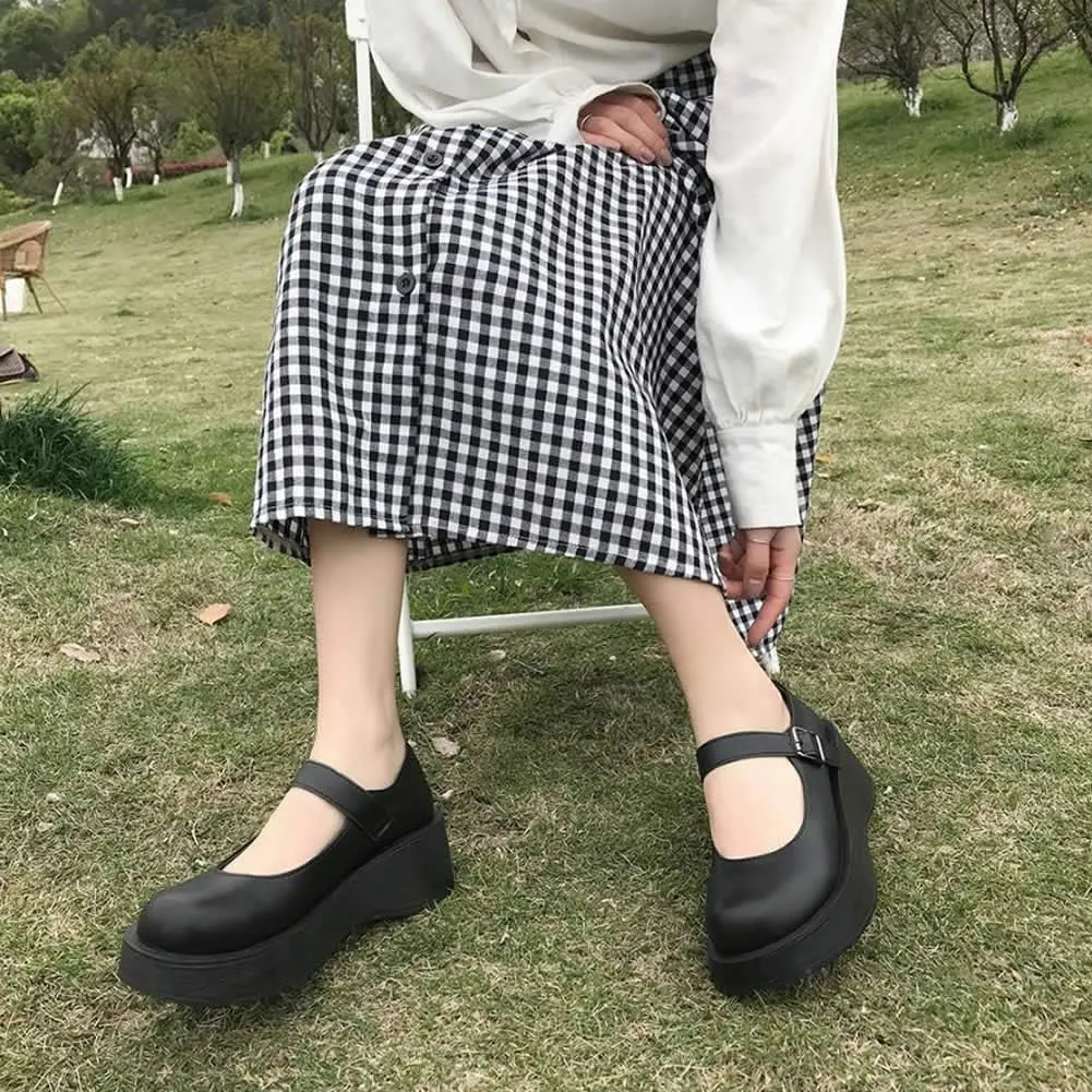 YIYA Women's Mary Jane Pumps Shoes Black Ankle Buckle Gothic Lolita Shoes Round Toe Chunky Heel Platform Pumps