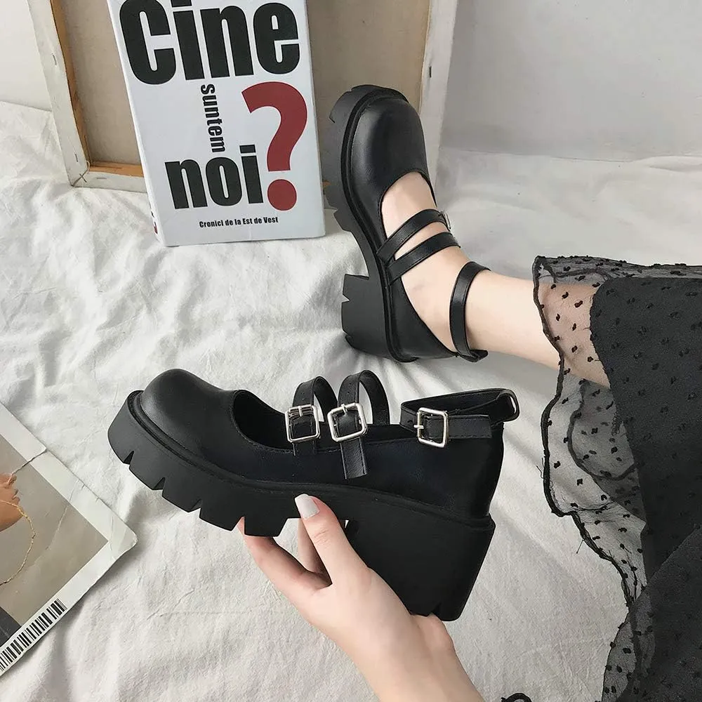 YIYA Women's Mary Jane Pumps Shoes Black Ankle Buckle Gothic Lolita Shoes Round Toe Chunky Heel Platform Pumps