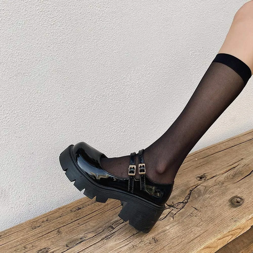 YIYA Women's Mary Jane Pumps Shoes Black Ankle Buckle Gothic Lolita Shoes Round Toe Chunky Heel Platform Pumps