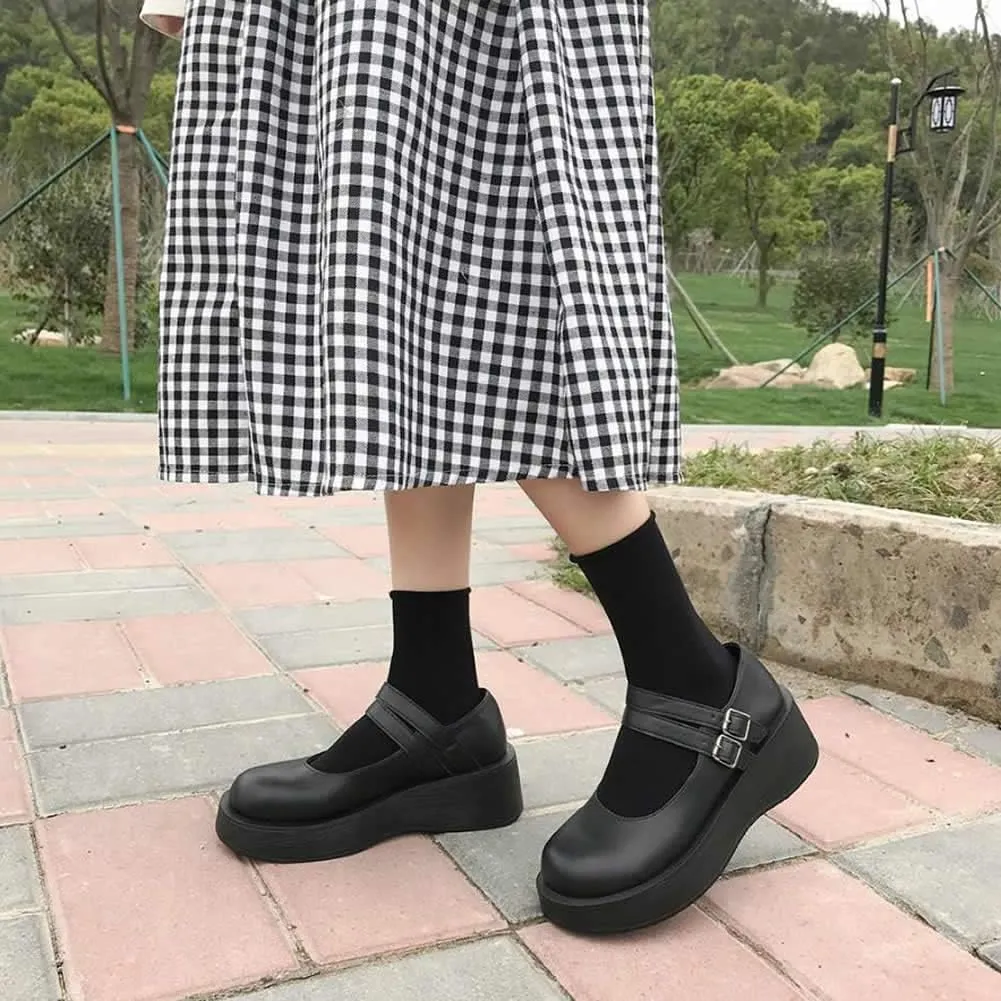 YIYA Women's Mary Jane Pumps Shoes Black Ankle Buckle Gothic Lolita Shoes Round Toe Chunky Heel Platform Pumps