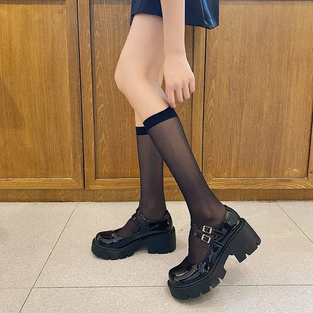 YIYA Women's Mary Jane Pumps Shoes Black Ankle Buckle Gothic Lolita Shoes Round Toe Chunky Heel Platform Pumps