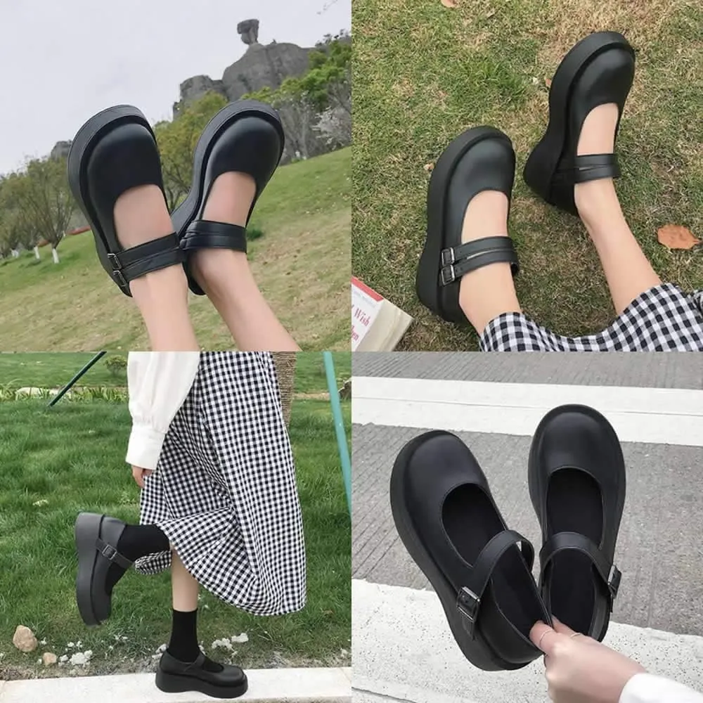 YIYA Women's Mary Jane Pumps Shoes Black Ankle Buckle Gothic Lolita Shoes Round Toe Chunky Heel Platform Pumps