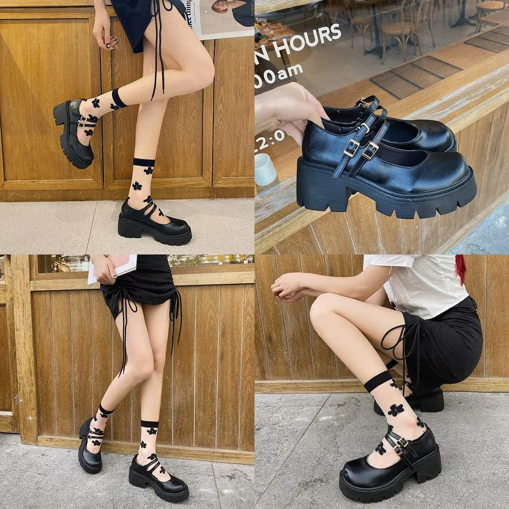 YIYA Women's Mary Jane Pumps Shoes Black Ankle Buckle Gothic Lolita Shoes Round Toe Chunky Heel Platform Pumps