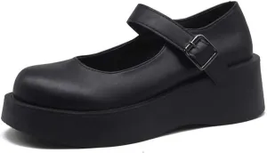 YIYA Women's Mary Jane Pumps Shoes Black Ankle Buckle Gothic Lolita Shoes Round Toe Chunky Heel Platform Pumps
