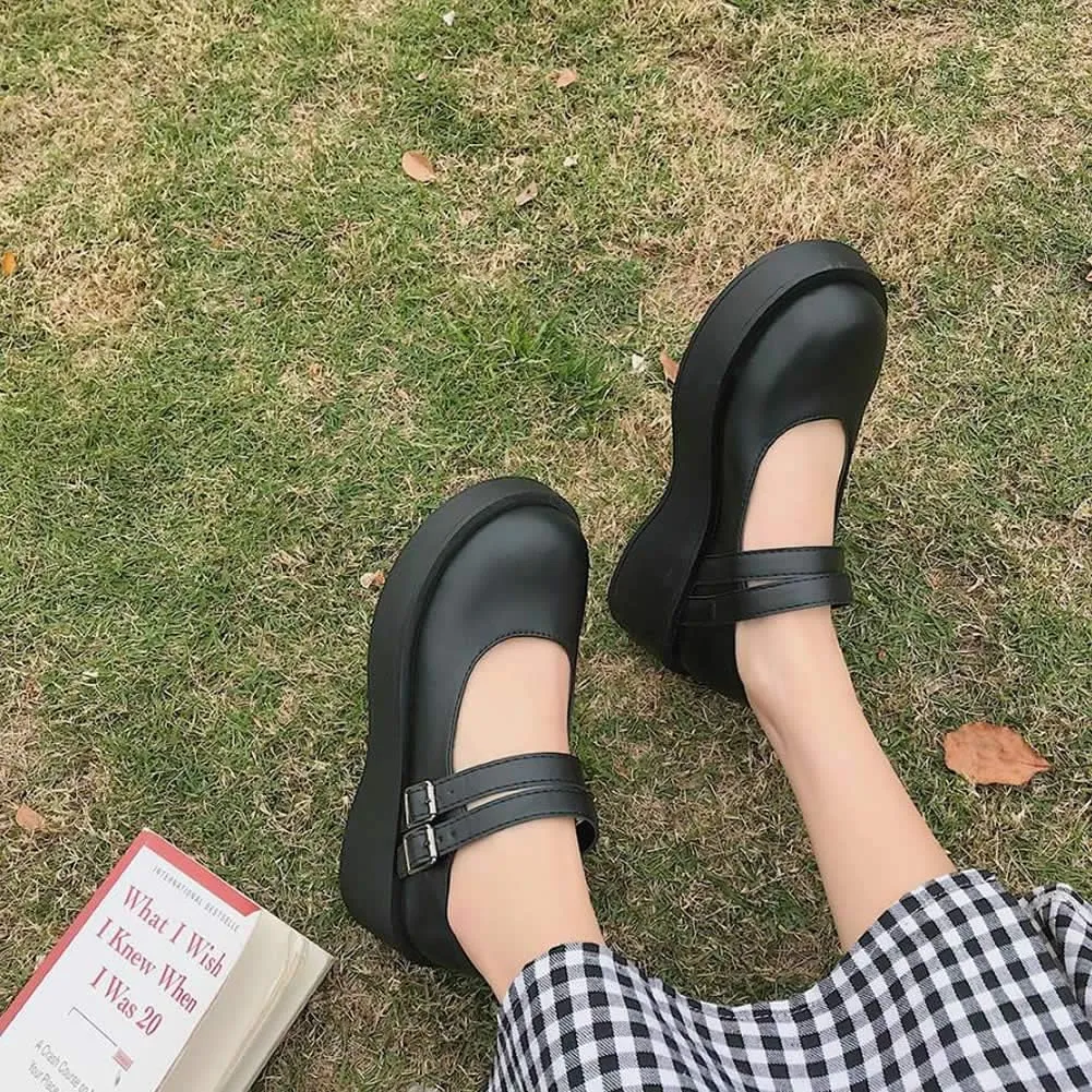 YIYA Women's Mary Jane Pumps Shoes Black Ankle Buckle Gothic Lolita Shoes Round Toe Chunky Heel Platform Pumps
