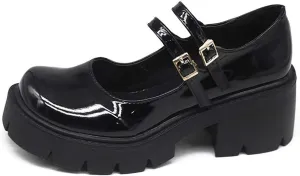 YIYA Women's Mary Jane Pumps Shoes Black Ankle Buckle Gothic Lolita Shoes Round Toe Chunky Heel Platform Pumps