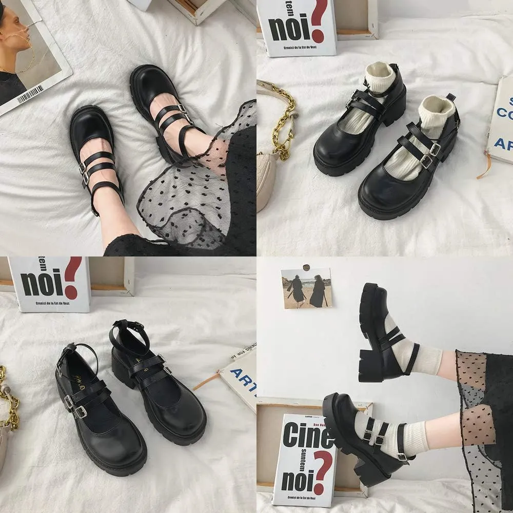 YIYA Women's Mary Jane Pumps Shoes Black Ankle Buckle Gothic Lolita Shoes Round Toe Chunky Heel Platform Pumps