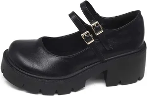 YIYA Women's Mary Jane Pumps Shoes Black Ankle Buckle Gothic Lolita Shoes Round Toe Chunky Heel Platform Pumps