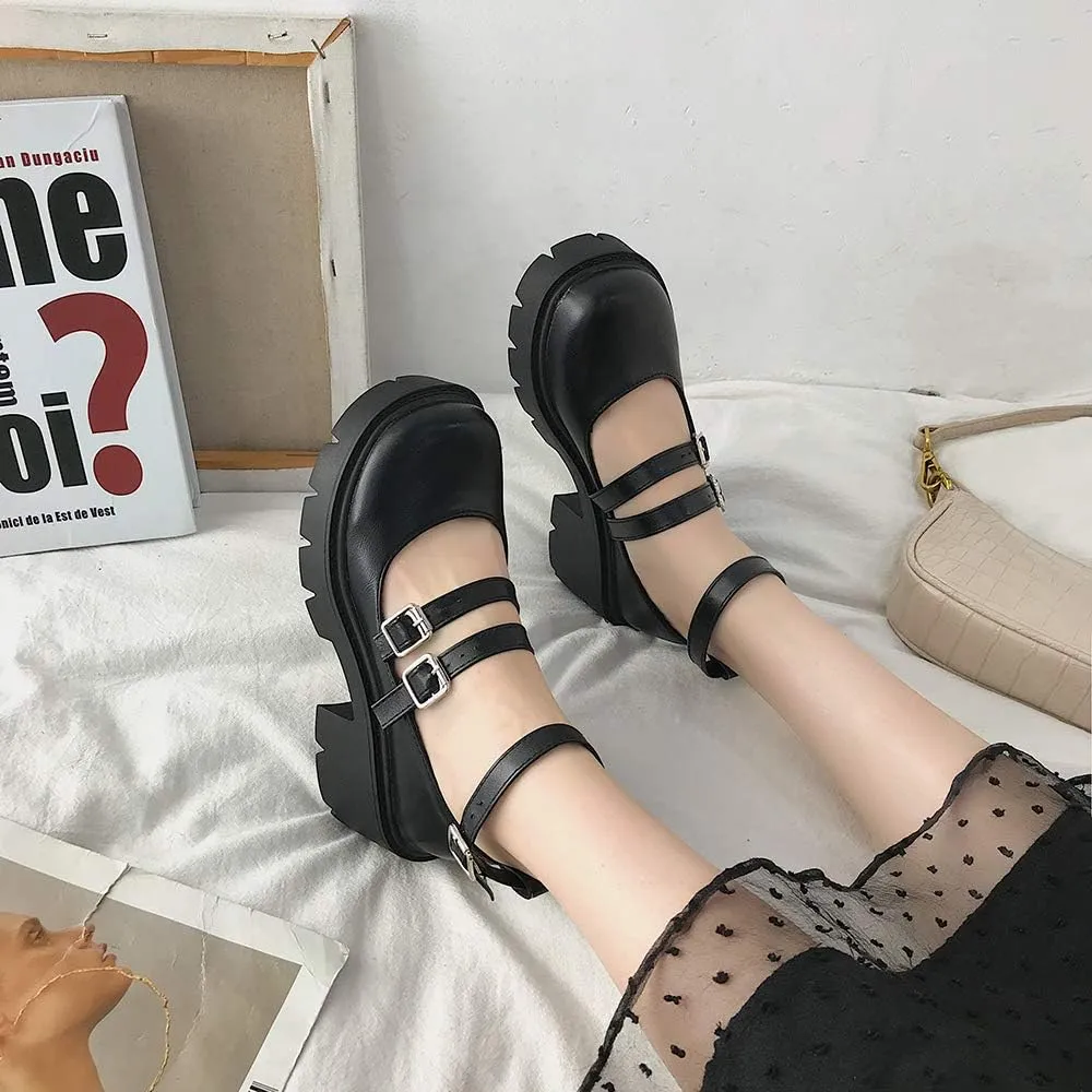 YIYA Women's Mary Jane Pumps Shoes Black Ankle Buckle Gothic Lolita Shoes Round Toe Chunky Heel Platform Pumps