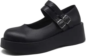 YIYA Women's Mary Jane Pumps Shoes Black Ankle Buckle Gothic Lolita Shoes Round Toe Chunky Heel Platform Pumps