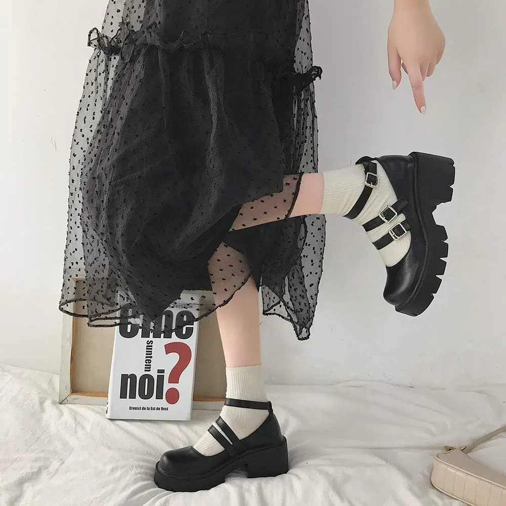 YIYA Women's Mary Jane Pumps Shoes Black Ankle Buckle Gothic Lolita Shoes Round Toe Chunky Heel Platform Pumps