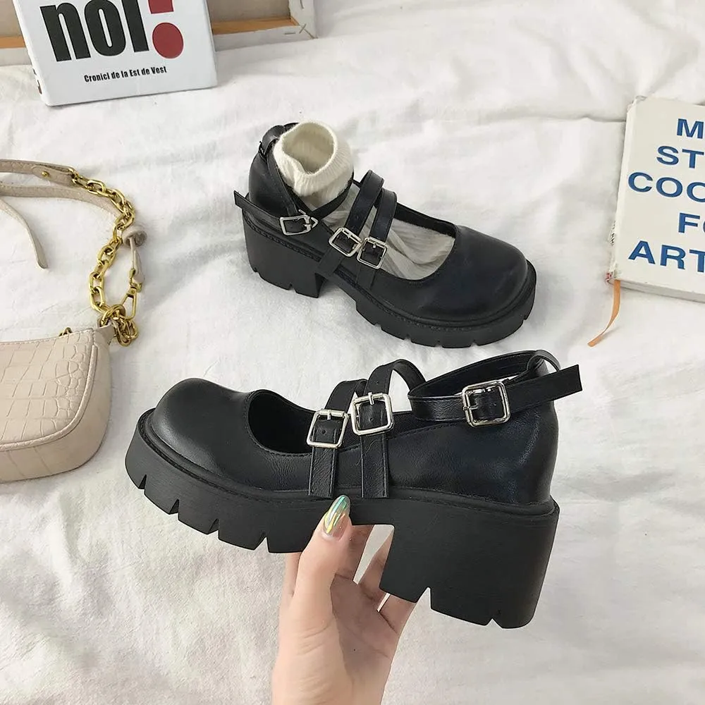 YIYA Women's Mary Jane Pumps Shoes Black Ankle Buckle Gothic Lolita Shoes Round Toe Chunky Heel Platform Pumps