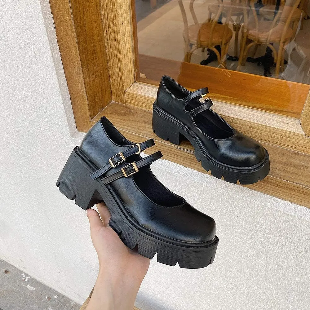 YIYA Women's Mary Jane Pumps Shoes Black Ankle Buckle Gothic Lolita Shoes Round Toe Chunky Heel Platform Pumps
