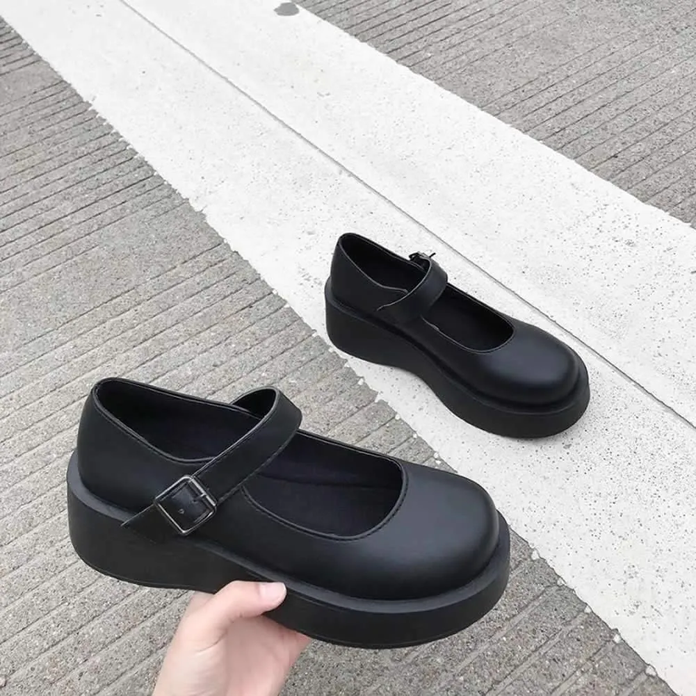 YIYA Women's Mary Jane Pumps Shoes Black Ankle Buckle Gothic Lolita Shoes Round Toe Chunky Heel Platform Pumps