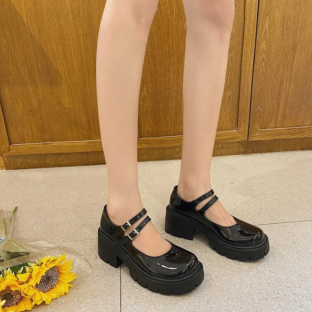 YIYA Women's Mary Jane Pumps Shoes Black Ankle Buckle Gothic Lolita Shoes Round Toe Chunky Heel Platform Pumps