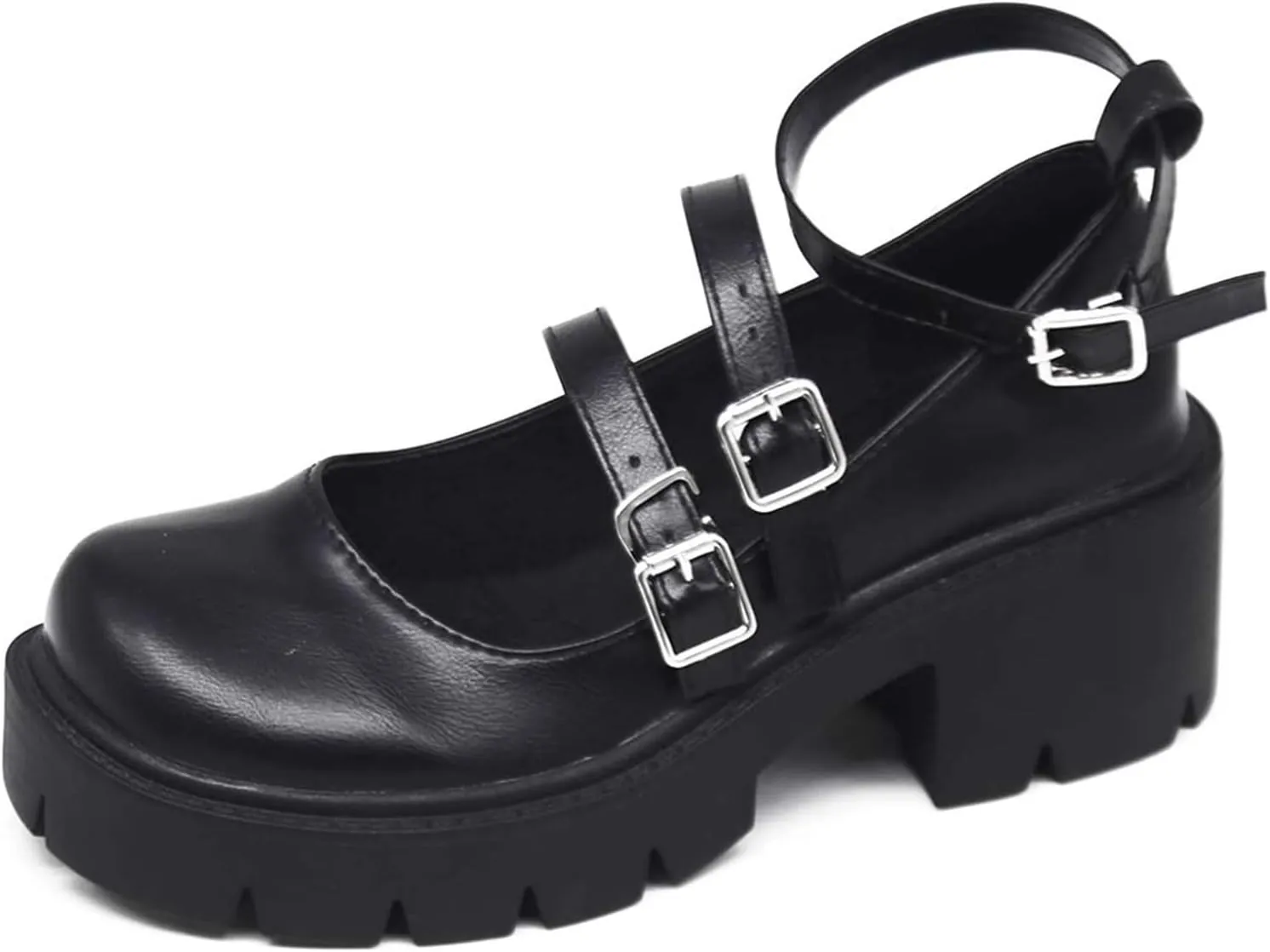 YIYA Women's Mary Jane Pumps Shoes Black Ankle Buckle Gothic Lolita Shoes Round Toe Chunky Heel Platform Pumps