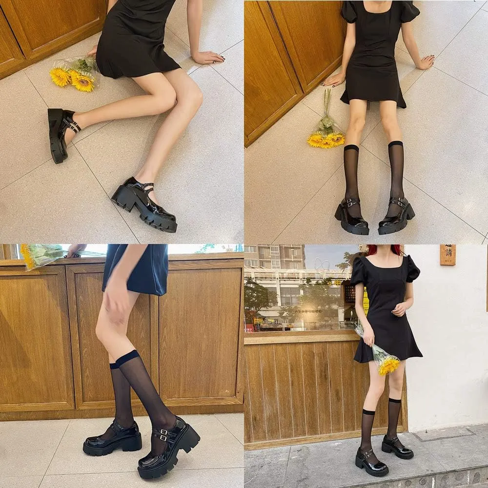 YIYA Women's Mary Jane Pumps Shoes Black Ankle Buckle Gothic Lolita Shoes Round Toe Chunky Heel Platform Pumps